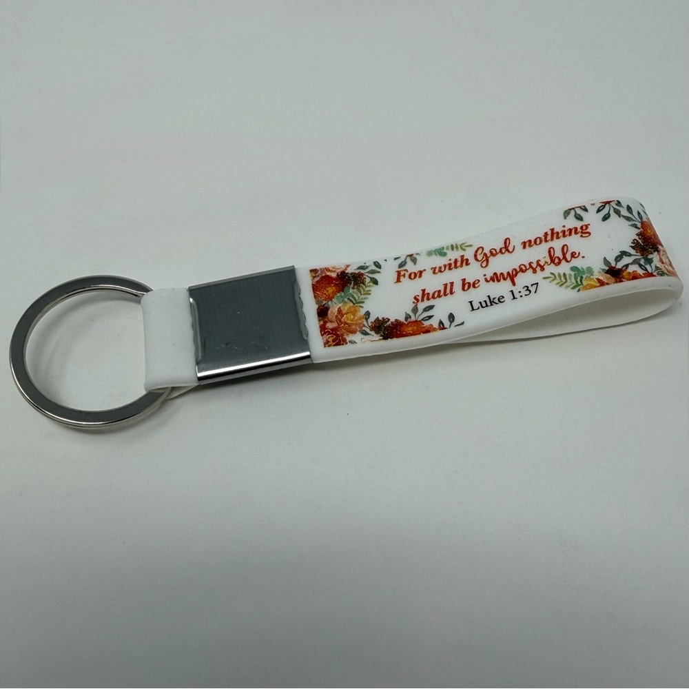 Bible Verse Keychain Luke 1:37 White Silicone Metal Religious Detachable Ring
